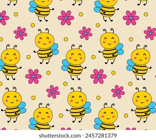 seamless pattern with honey bees and daisy groovy flower. Summer vector pattern.