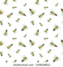 Seamless pattern with honey bees. 
Flock of insects.  Flat vector illustration. Perfect for textile, wrapping paper, packaging design
