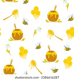 Patrón sin fisuras de miel, abejas y flores, fondo de ilustración vectorial, papel pintado, textil, impreso