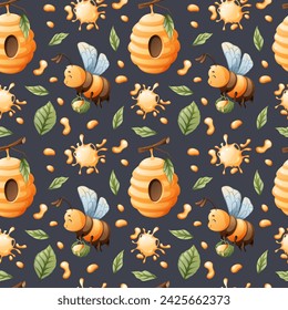 Patrón sin fisuras con abejas de miel con flores, colmena y miel. Diseño de tela para niños. Ilustración de verano. Estampado floral de abeja dulce.