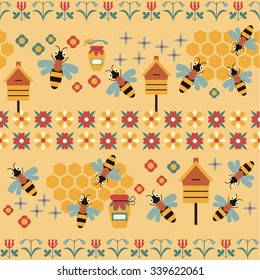 Seamless pattern with honey bees and flowers. Pattern in yellow-orange colours