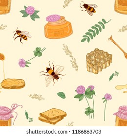 Seamless pattern with honey, bees, honeycomb, linden, acacia, clover plants, jar and dipper on light background. Colorful hand drawn vector illustration for wrapping paper, fabric print, wallpaper.