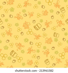 Seamless pattern with honey bees in a honeycomb. Vector illustration