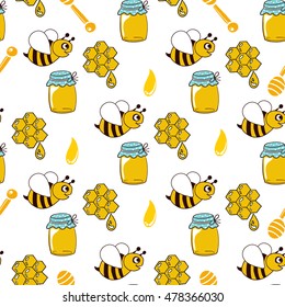 Seamless pattern with honey, bees, honeycomb, drop, honey spoon.