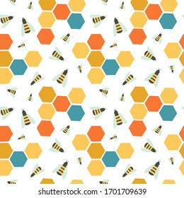 Seamless pattern with honey bees and honeycombs. Flock of insects.  Flat vector illustration. Perfect for textile, wrapping paper, packaging design