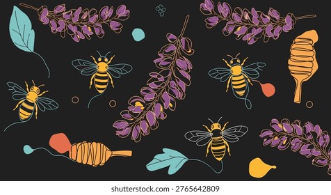Seamless pattern with honey bees and lavender flowers on a dark background for honey production and nature conservation theme.