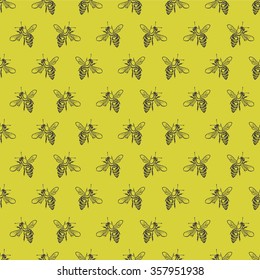 seamless pattern with honey bees on a yellow background