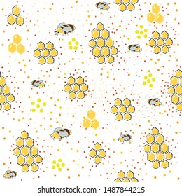 Seamless Pattern with Honey and Bees. Scandinavian Style. Vector Illustration