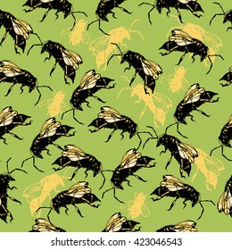 Seamless pattern with honey bees. Vector background.