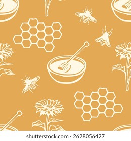 Seamless pattern with honey bowls, honey dippers, bees, honeycombs, and blooming sunflowers. Flat vector style illustration. Beekeeping and honey production concept