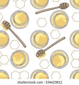 Seamless pattern with honey dipper and honey in jar with honeycomb decor on white background, vector illustration
