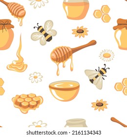 Seamless pattern with honey dripping from a wooden honey dipper, bees, jars, flowers and honeycombs. Suitable for textile, fabric, wallpaper, wrapping. Hand drawn vector illustration