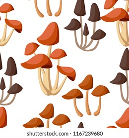 Seamless pattern. Honey fungus. Edible forest mushrooms with brown caps and long stalks. Armillaria mellea flat style. Vector illustration on white background.