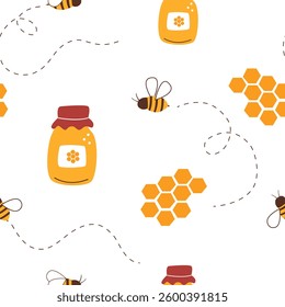 Seamless pattern with honey in glass jar, cartoon bee, honeycombs. Vector flat illustration.