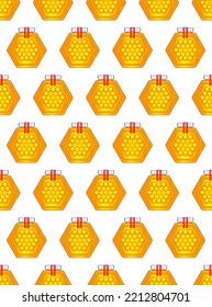 Seamless pattern of a honey hexagonal jar with lid and stamp