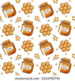 Seamless pattern honey and honeycomb design in charming cartoon illustration style. Ideal for summer-themed creations, card making, poster design, textile prints, and gift wrapping materials