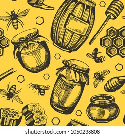 Seamless pattern with honey icons on the yellow background