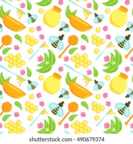 Seamless pattern with honey illustration set. Bee vector design. Natural organic elements. Cartoon honeycomb. Flat agriculture collection. Spoon with mead. Honey Pattern. Jewish New Year Print