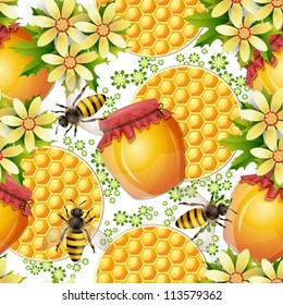 Seamless pattern with honey jar ,bees and honeycomb
