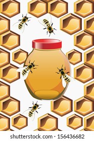 Seamless pattern with honey jar ,bees and honeycomb