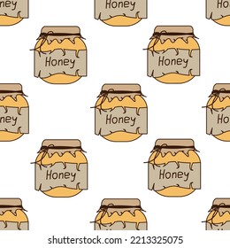 Seamless pattern with honey in a jar with craft paper and twine. A set with beautiful rustic honey.