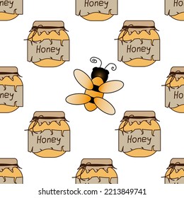 Patrón sin foco con miel en un frasco con papel artesanal, gemelos y abejas. Un conjunto con hermosas abejas y miel rústica.
