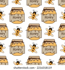 Seamless pattern with honey in a jar with craft paper and twine and bees. A set with beautiful bees and rustic honey.