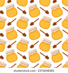 Seamless pattern with honey jar and honey dipper spoon. Vector illustration for honey design, beekeeper branding, background, wrapping paper, fabric textile.