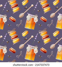 Seamless pattern with honey jar, lavender, wooden spoon and bees. Suitable for textiles, wallpaper, wrapping paper. Shop of honey products