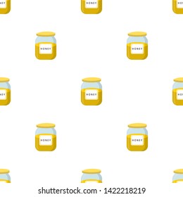 Seamless pattern with honey jar on white background. Natural healthy food production honey. Vector illustration for design, web, wrapping paper, fabric, wallpaper.