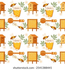 Seamless pattern with honey jars, beehives, and bees, representing natural honey production and agriculture. Perfect for organic food and eco-friendly product themes. Vector illustration.