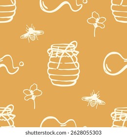 Seamless pattern with honey jars, bees, flowers and honey drops on ochre background. Hand-drawn line art style. Honey production and organic food concept