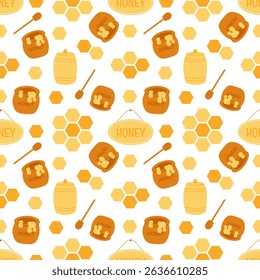 Seamless pattern with honey jars, dippers, honeycomb cells and beehive elements on white background. Flat hand drawn vector illustration