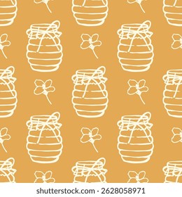 Seamless pattern with honey jars and simple flower drawings