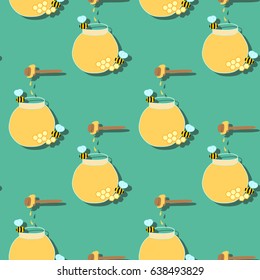 Seamless pattern with honey jars. Vector illustration Hand drawn honey pot