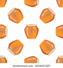 Seamless pattern of honey jars with a warm golden hue, perfect for food packaging, textiles, or any project needing a touch of sweetness