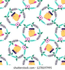 Seamless pattern of honey and leaves on a white background. Great for textile print, invitations, or packaging. Vector file.