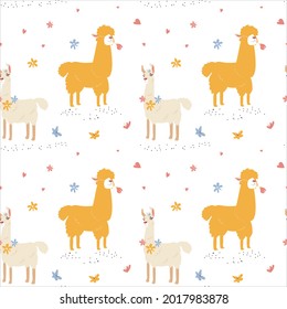 Seamless pattern of honey male Llama and beige female Llama and hand drawn elements. Creative childish texture. Vector illustration great for fabric, textile.