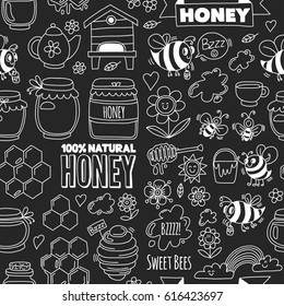 Seamless pattern Honey market, bazaar, honey fair Doodle images of bees, flowers, jars, honeycomb, beehive, spot, the keg with lettering sweet honey, natural honey, sweet bees