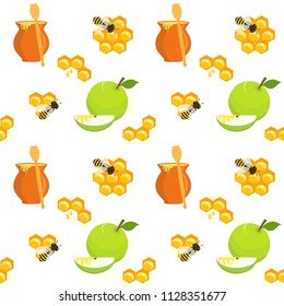 Seamless pattern with honey pots and honey dippers, apples and apple slices, honeycombs and bees, holiday symbols, Harvest festival, Honey festival, holiday of Rosh Hashanah