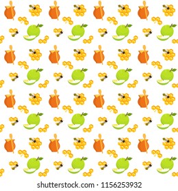 Seamless pattern with honey pots and honey dippers, apples and apple slices, honeycomb and bees, holiday symbols, Harvest festival, Honey festival, holiday of Rosh Hashanah