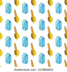 Seamless pattern honey spoon with milk