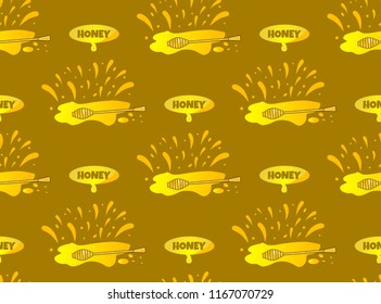 Seamless pattern Honey spot, splash with wooden spoon and message with text Honey on brown background. As print for gift paper, package for honey shop, label of beekeeping products.
