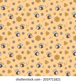 Seamless pattern with honeybee, daisy, honeycomb. Tileable endless background in cartoon style. Print for stationery supplies, decor, textile, wrapping paper