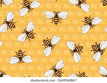 Seamless pattern of honeybees flying around on a honeycomb background. Honeycomb is a structure of hexagonal wax cells built by honey bees to store honey and pollen, and to raise their young bees. 