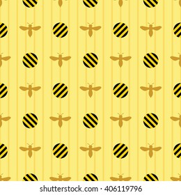 Seamless pattern with honeybees made in polka dot style. Vector background. Brown, yellow and black colors.