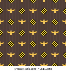 Seamless pattern with honeybees made in polka dot style. Vector background. Dark brown, yellow and black colors.