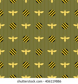 Seamless pattern with honeybees made in polka dot style. Vector background. Dark green, yellow and black colors.
