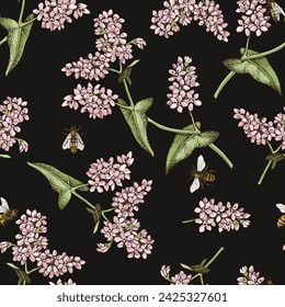 Seamless pattern with honeybees pollinating blooming buckwheat plants