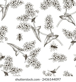 Seamless pattern with honeybees pollinating blooming buckwheat plants